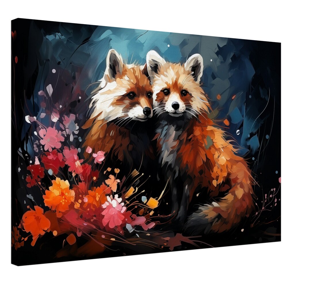 Two Red Foxes Watercolor Painting Dark Night Floral Scene Art Poster