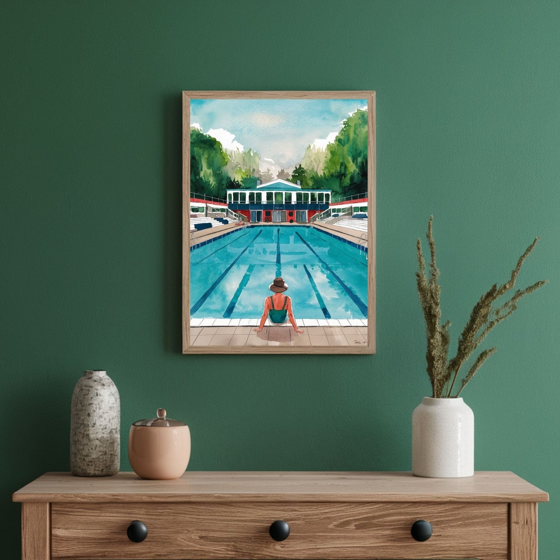 Girl In Sun Hat Sitting By Olympic Swimming Pool Watercolor Poster - Image 3