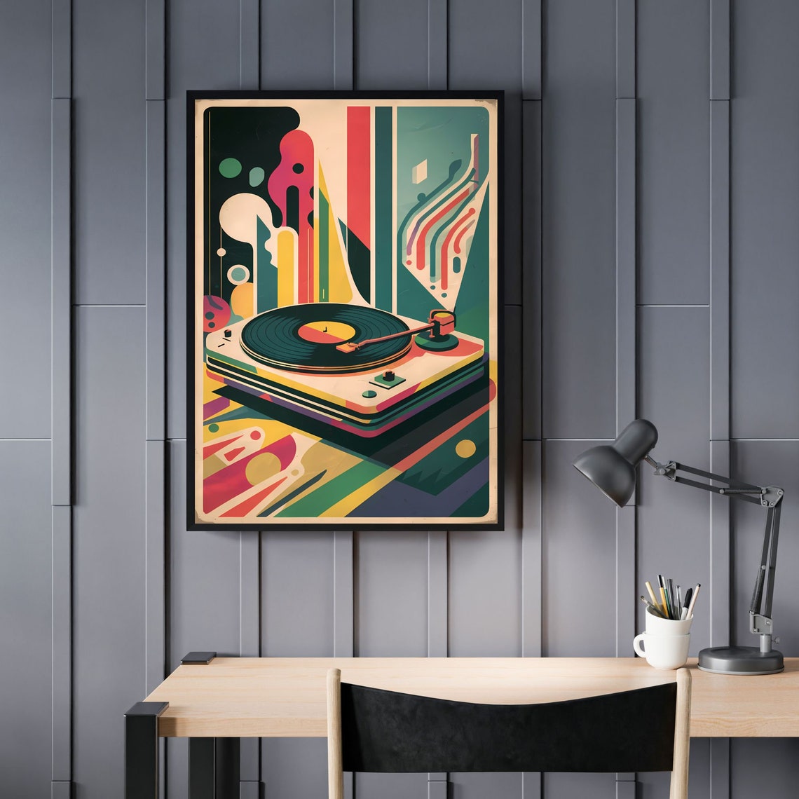 Retro Vinyl Record Turntable Pop Art Colorful Geometric Music Poster - Image 4