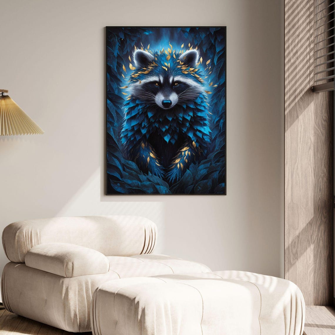 Blue Feather Raccoon Golden Leaves Wildlife Portrait Art Poster - Image 4
