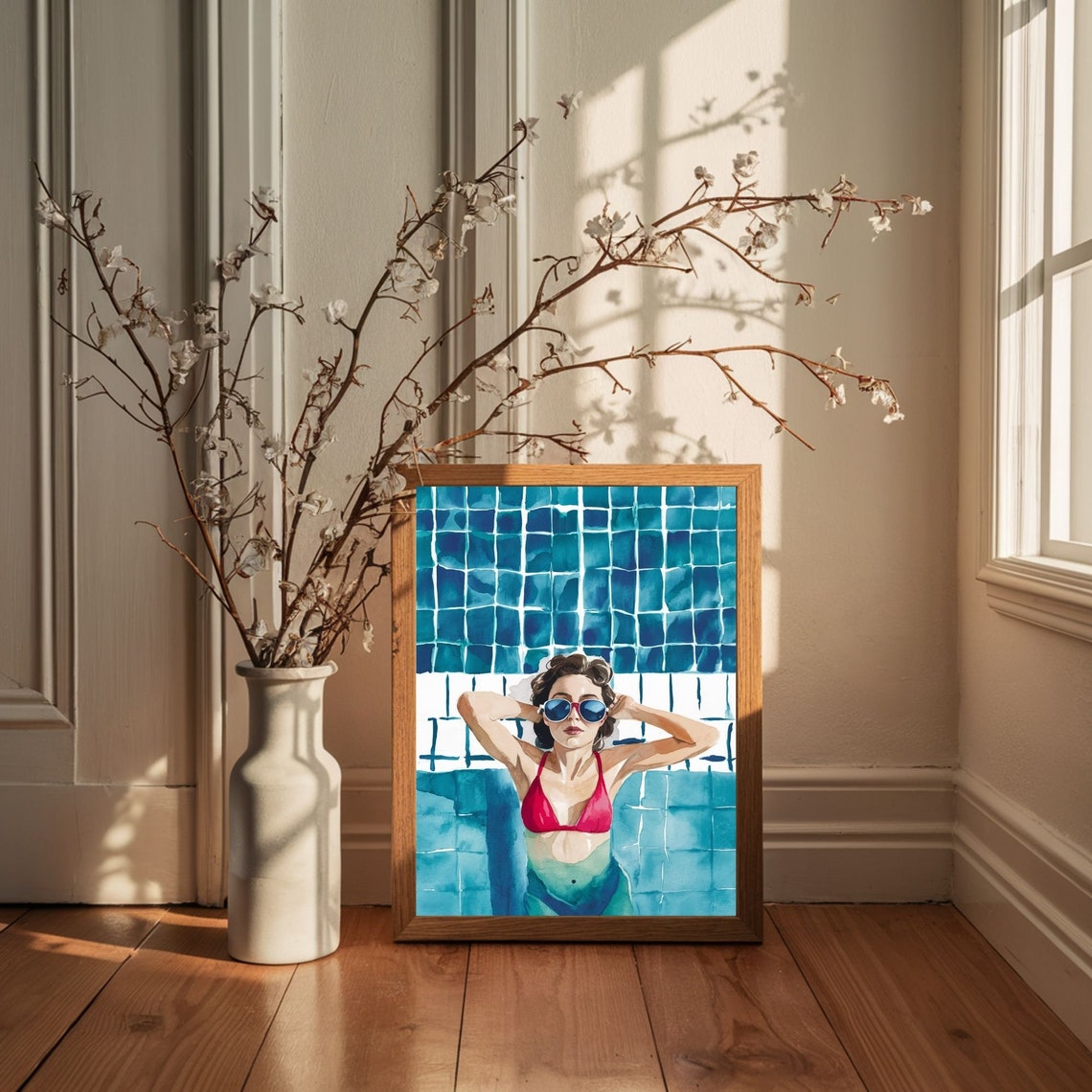 Woman In Red Bikini Sunglasses Blue Tile Pool Watercolor Poster - Image 4