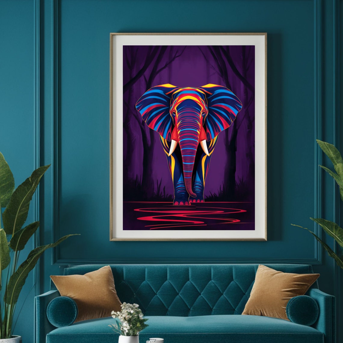 Neon Colorful Elephant Purple Night Jungle Abstract Art Poster - Image 4