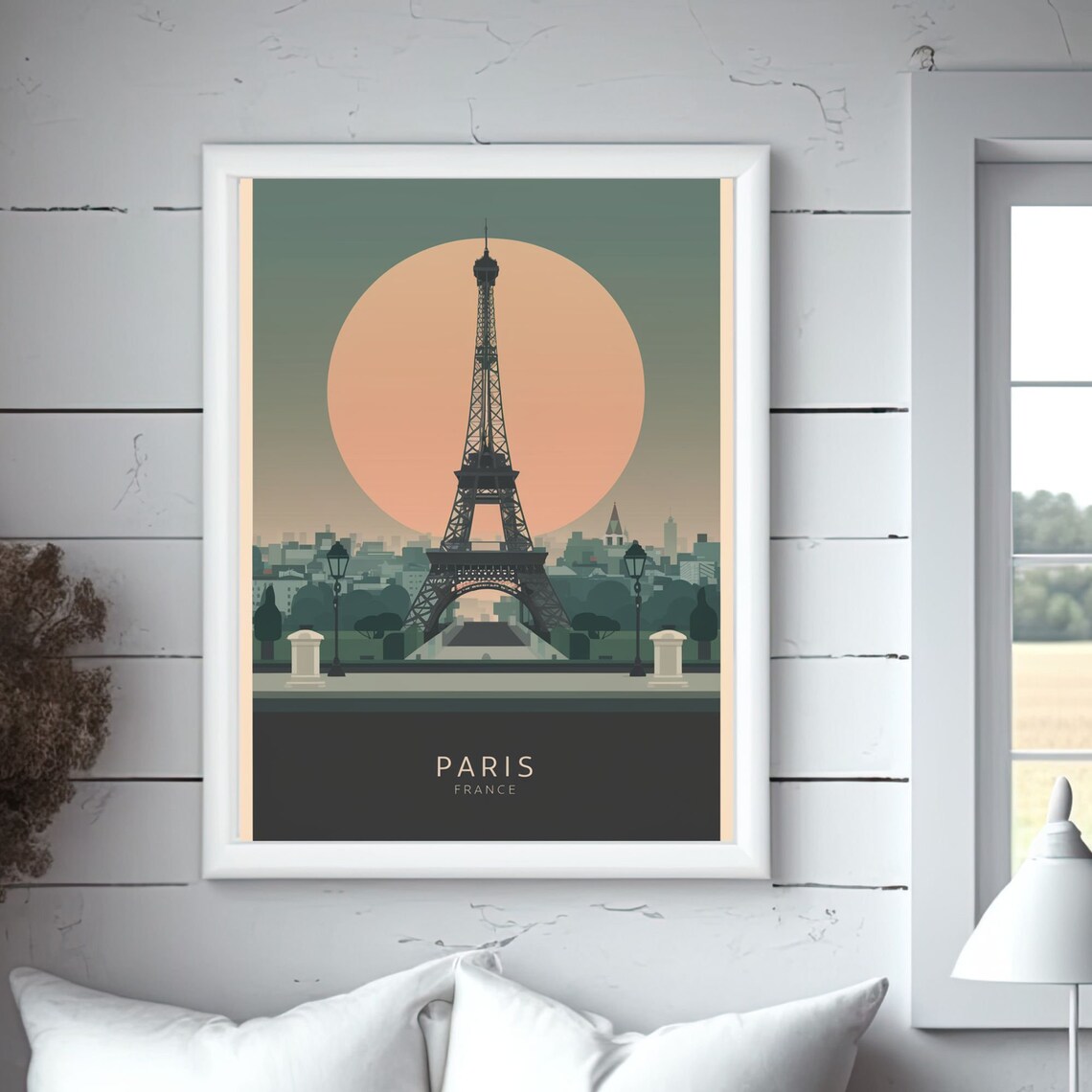 Paris Eiffel Tower Peach Sun Vintage Travel France Art Poster