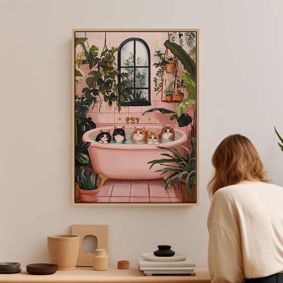 Five Cute Cats In Pink Bathtub Whimsical Bathroom Illustration Poster