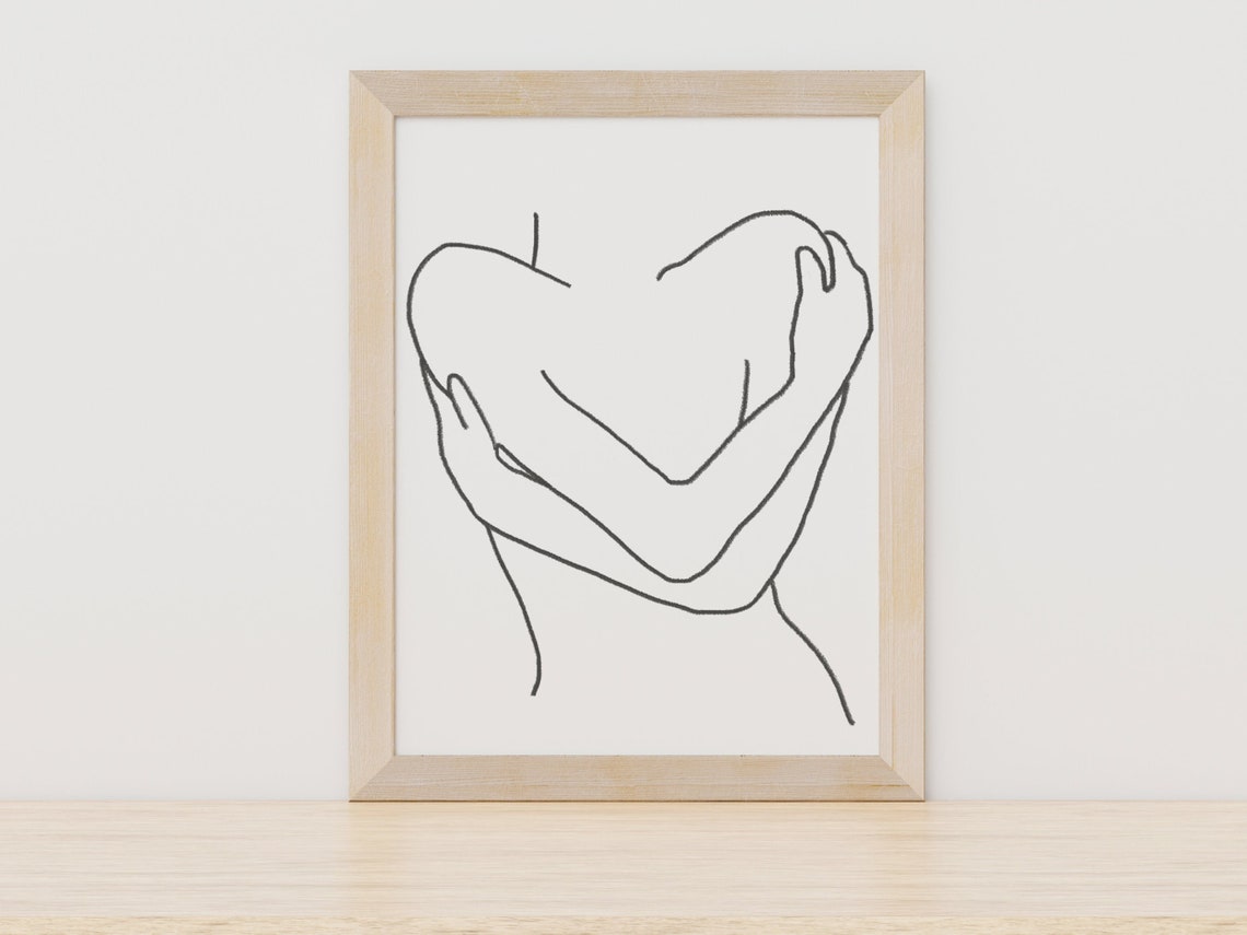 Woman Embracing Herself Self Love One Line Drawing Wellness Poster