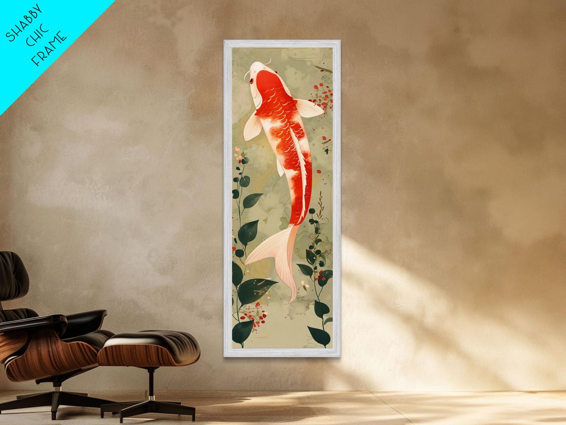 Red White Koi Fish Swimming Among Green Plants Japanese Wall Art - Image 4