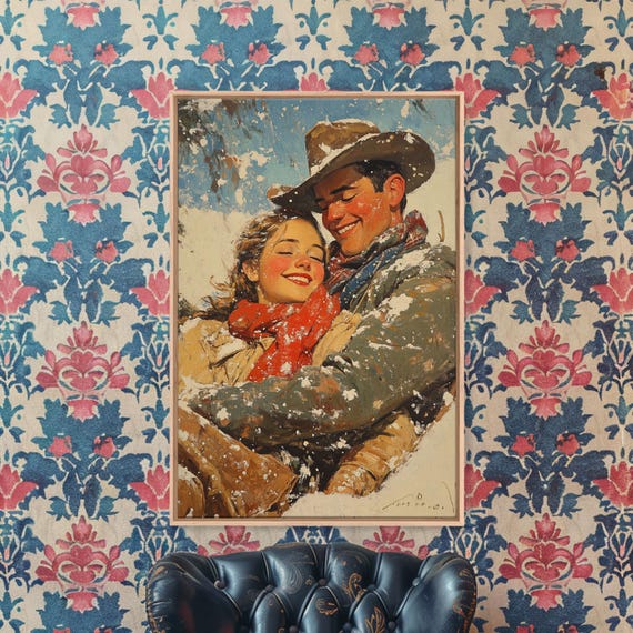 Snowy Couple Embrace Retro Christmas Art Print