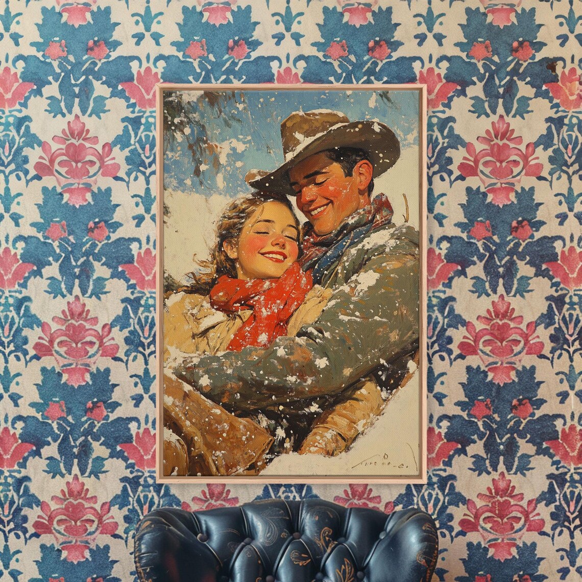Snowy Couple Embrace Retro Christmas Art Print
