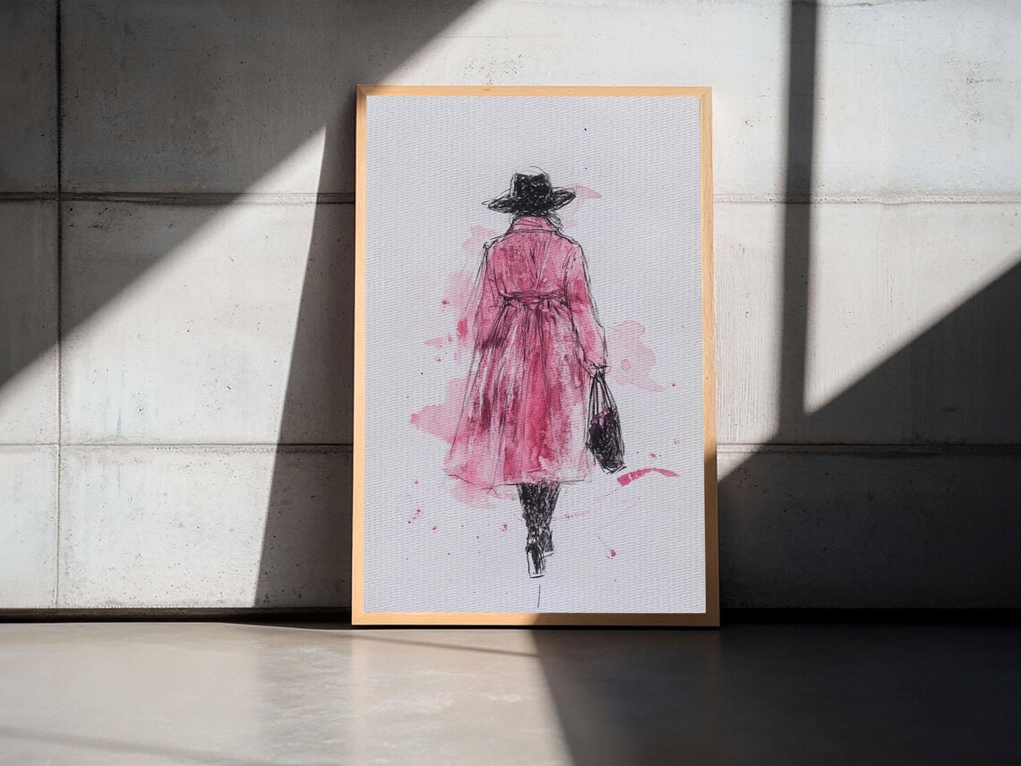 Woman In Pink Coat Fashion Illustration Minimalist Wall Art Print Poster - Image 6