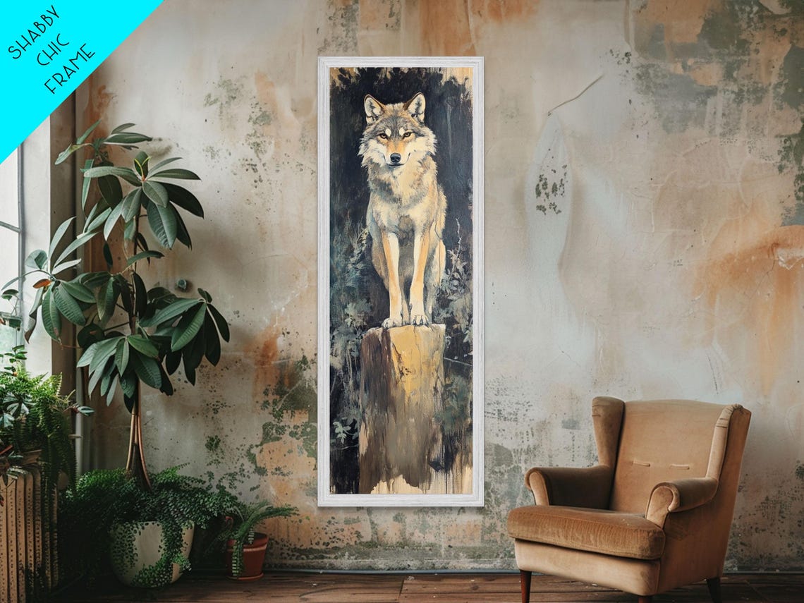 Majestic Wolf on Cliff Dark Moody Wildlife Portrait Wall Art