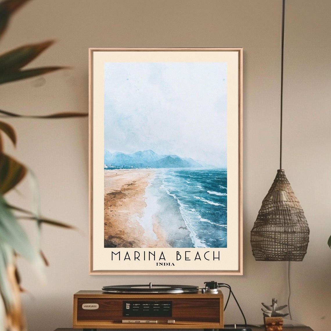 Marina Beach India Long Sandy Shore Rolling Waves Watercolor Poster - Image 2