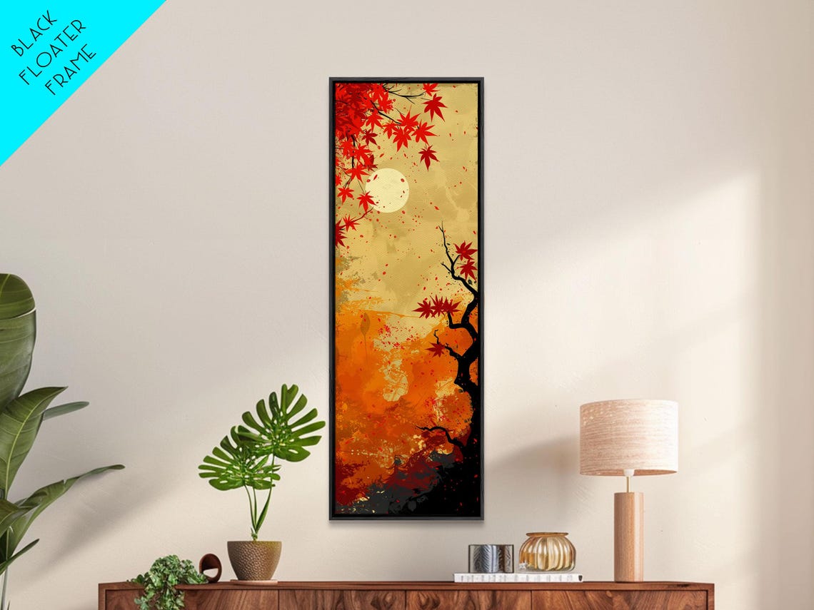Japanese Red Maple Leaves Golden Moon Sky Autumn Woodblock Art Poster - Image 2