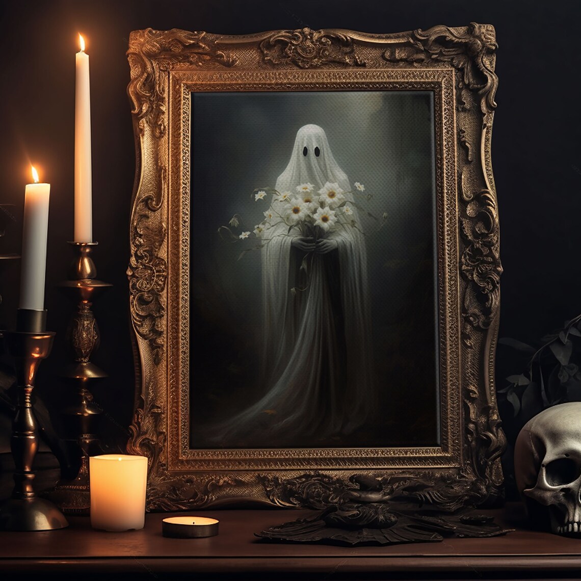 The Ghost With The Flowers, Gothic Halloween Art Print