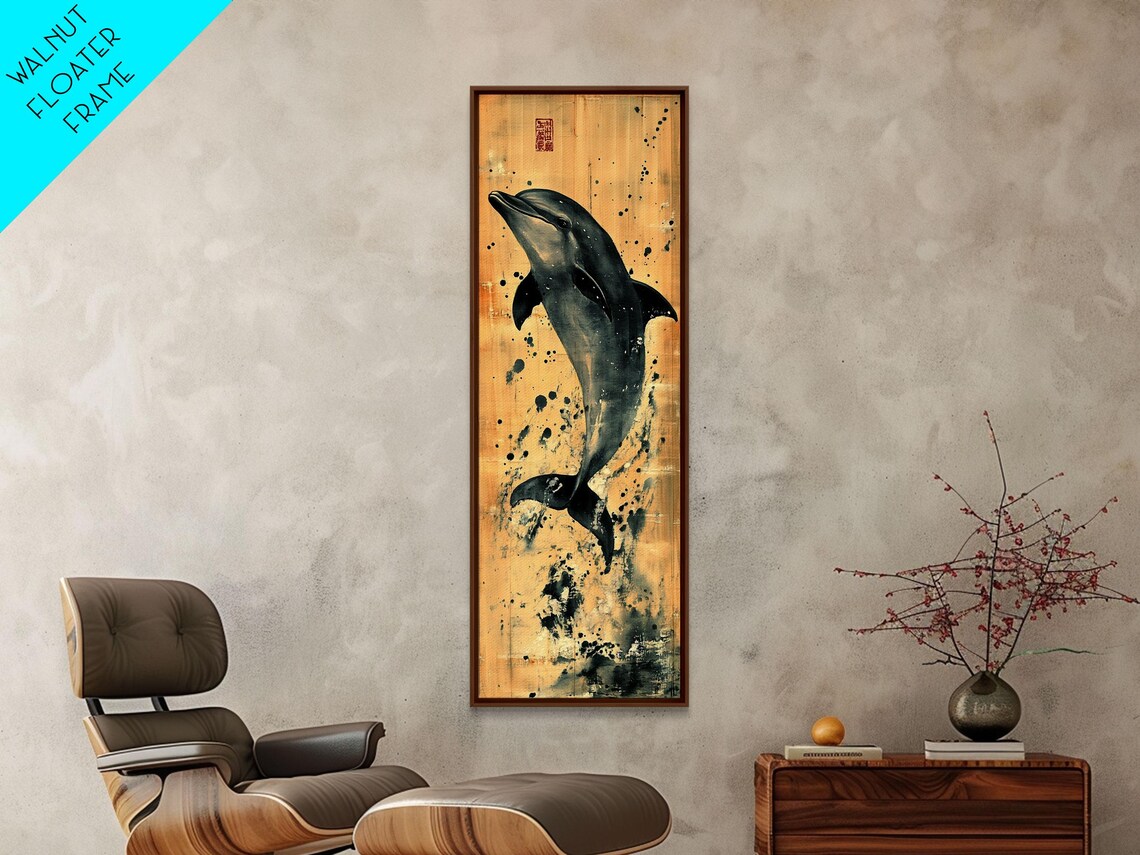 Leaping Dolphin Ink Wash Gold Splash Japanese Style Marine Art Poster - Image 3