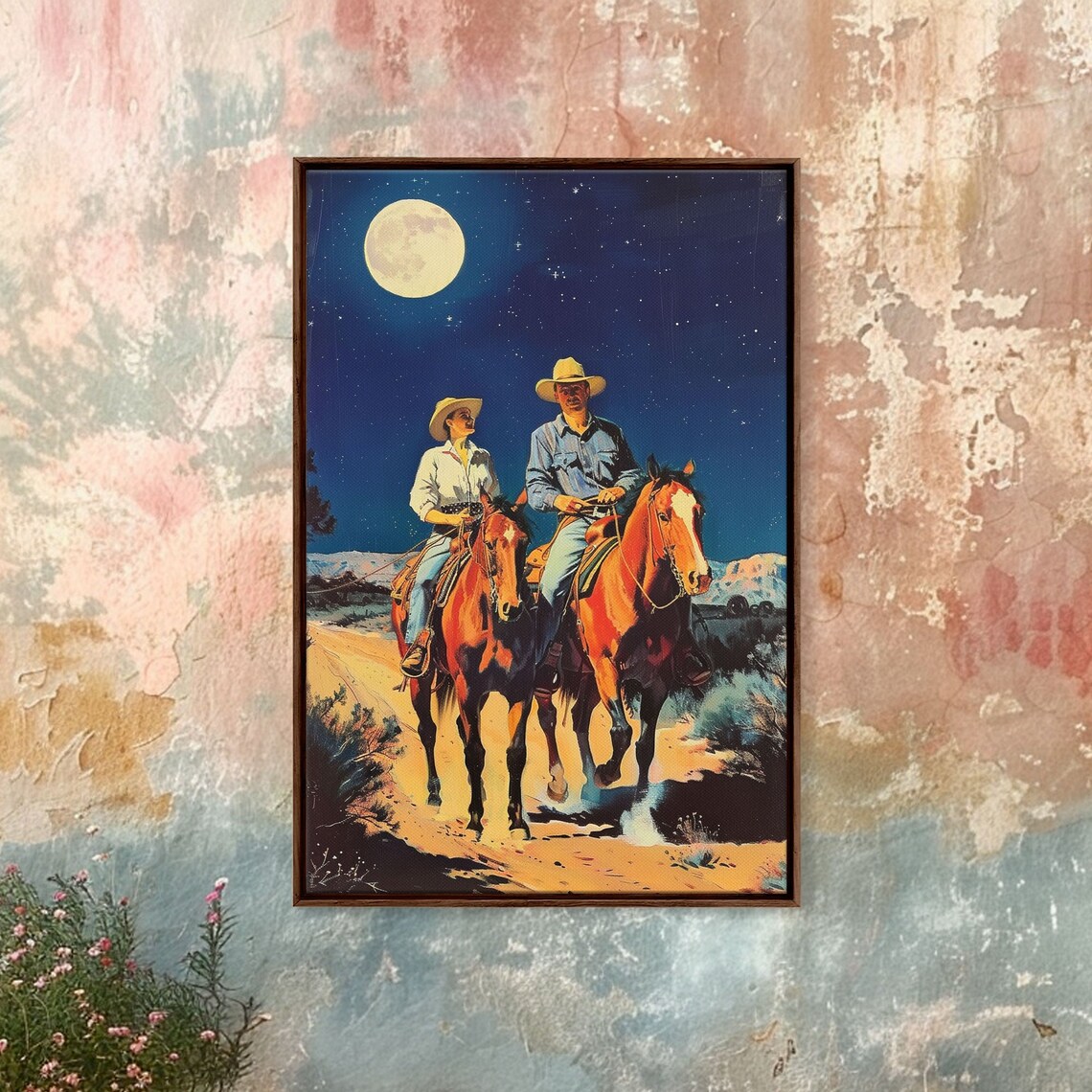 Cowboys Riding Horses Under Moonlight In Starry Night Western Poster