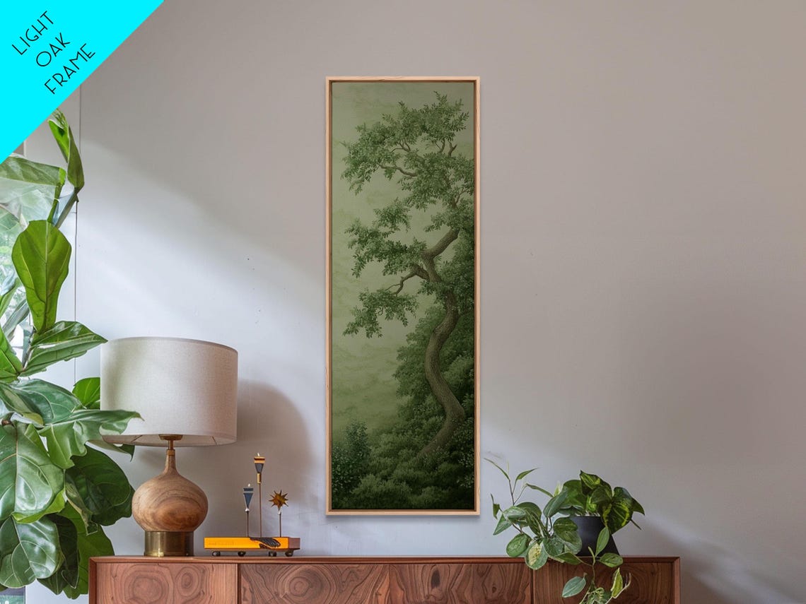 Misty Green Tree Landscape Tall Narrow Wabi Sabi Botanical Art Print - Image 4