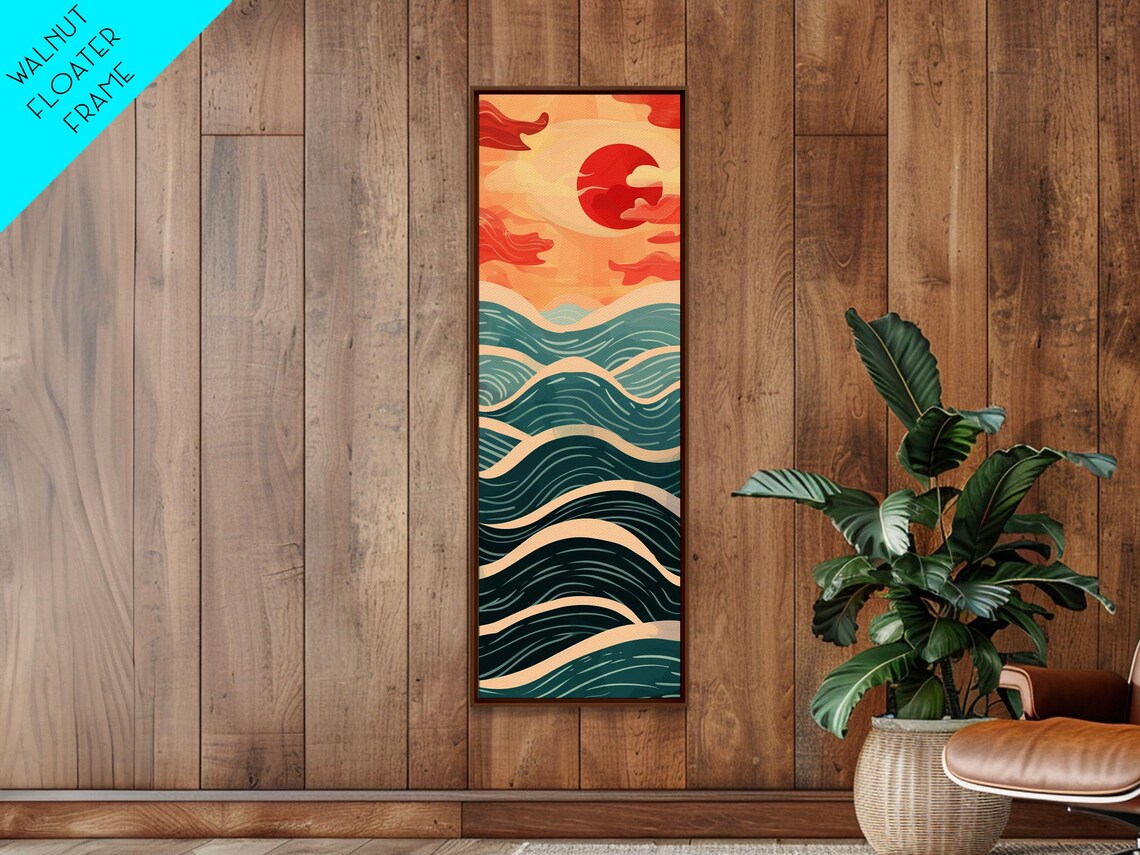 Red Sun Over Layered Teal Ocean Waves Japanese Seigaiha Style Tall Poster - Image 2