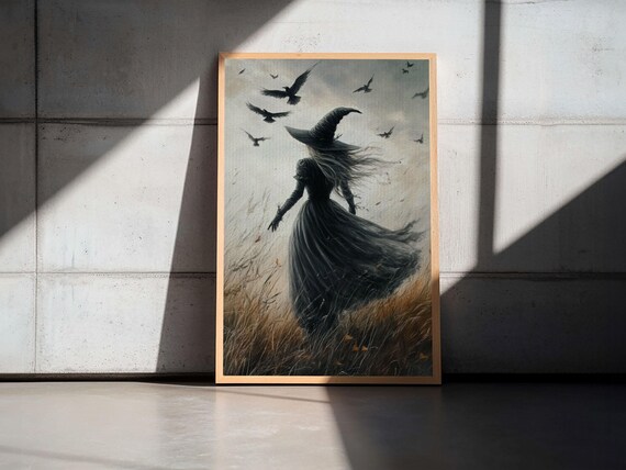 Gothic Witch Walking Windswept Field Ravens Moody Halloween Art Poster