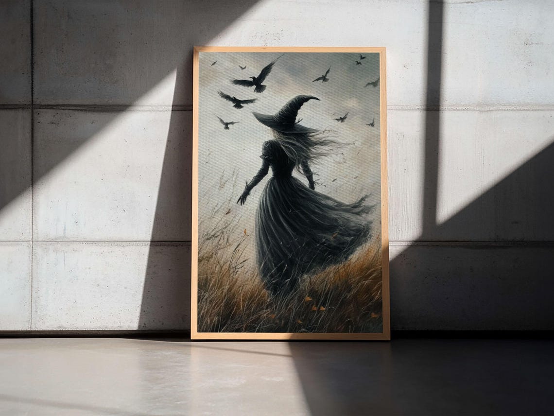 Gothic Witch Walking Windswept Field Ravens Moody Halloween Art Poster
