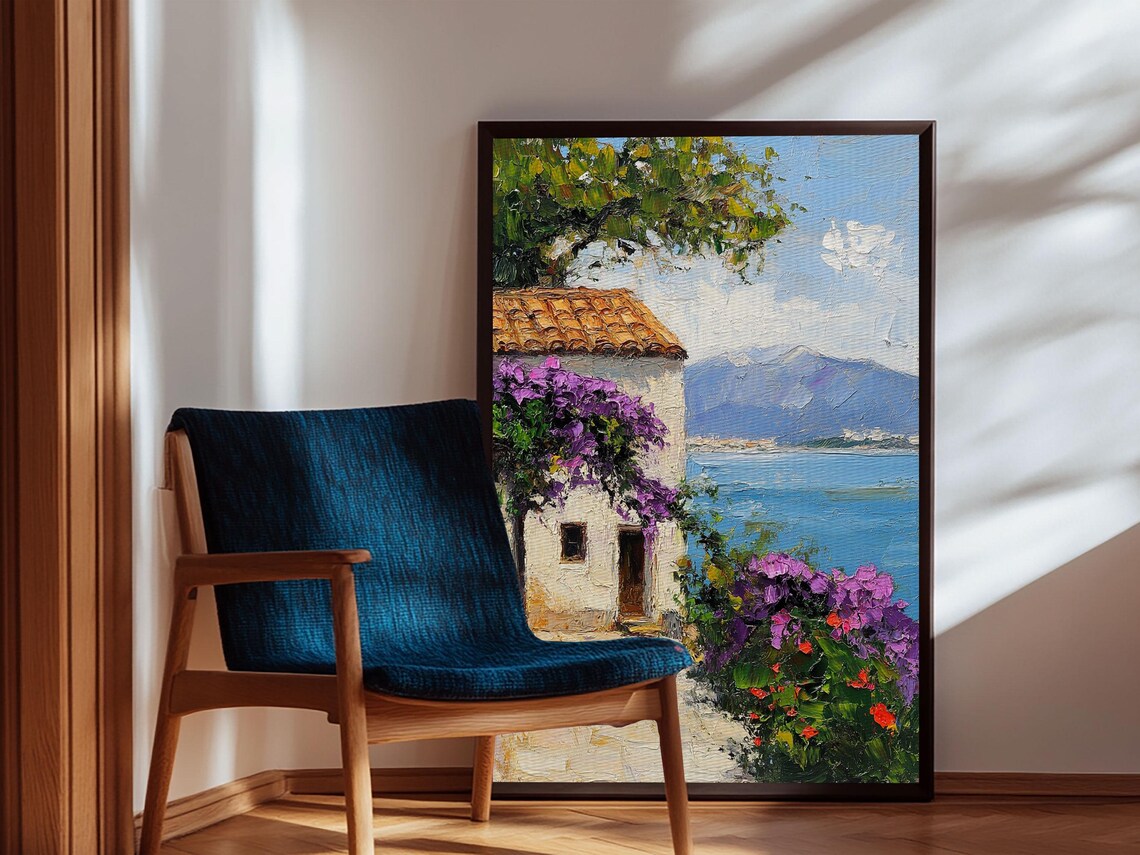 Italian Coastal Villa Sea View Bougainvillea Mediterranean Oil Print