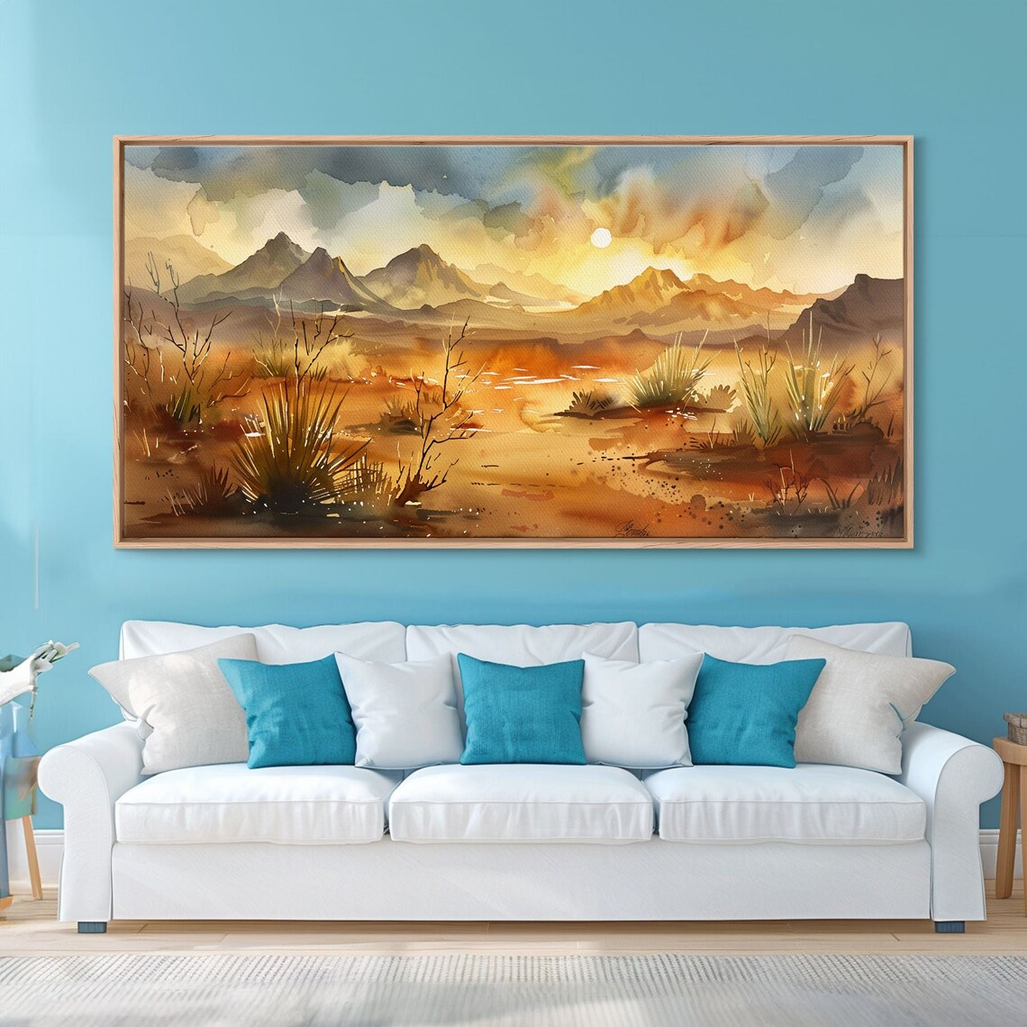 Golden Desert Mountain Watercolor Sunset Amber Landscape Art Poster - Image 3