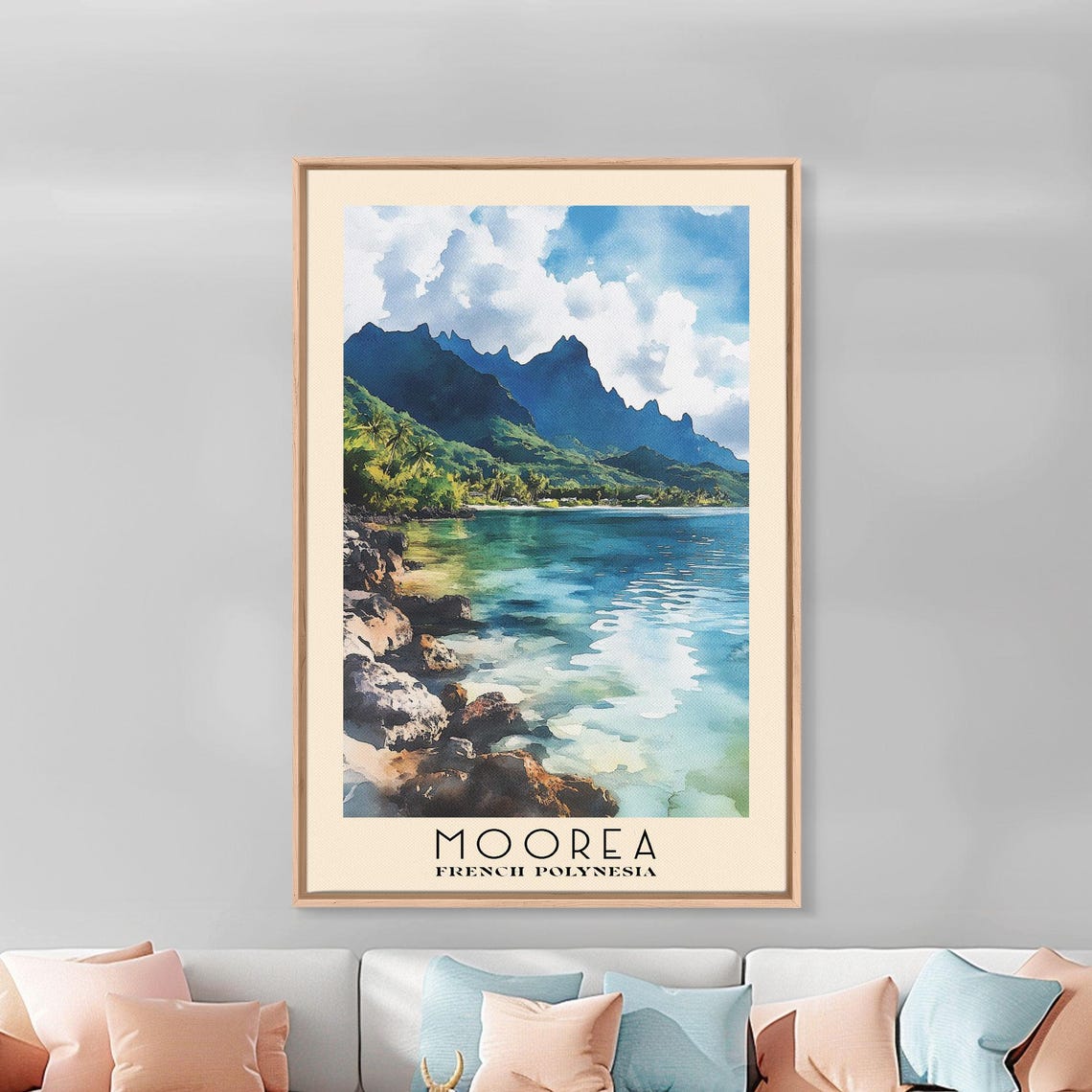 Moorea French Polynesia Volcanic Peaks Lagoon Watercolor Travel Poster - Image 3