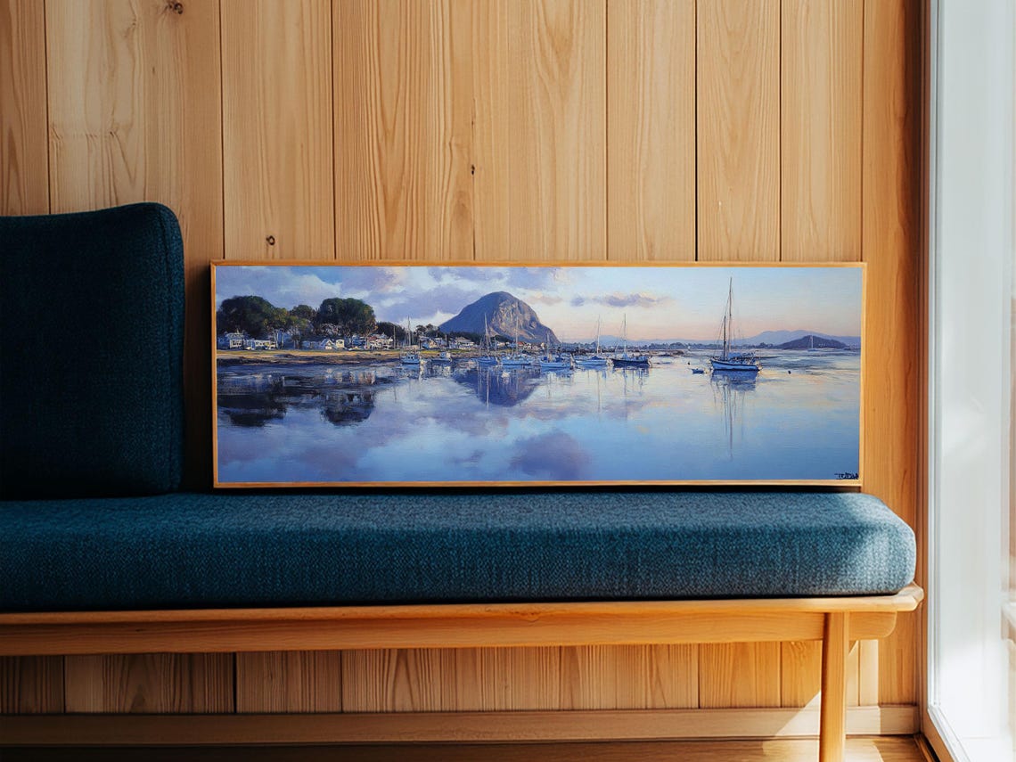 Morro Bay California Harbor Sunset Panoramic Coastal Painting Poster - Image 5