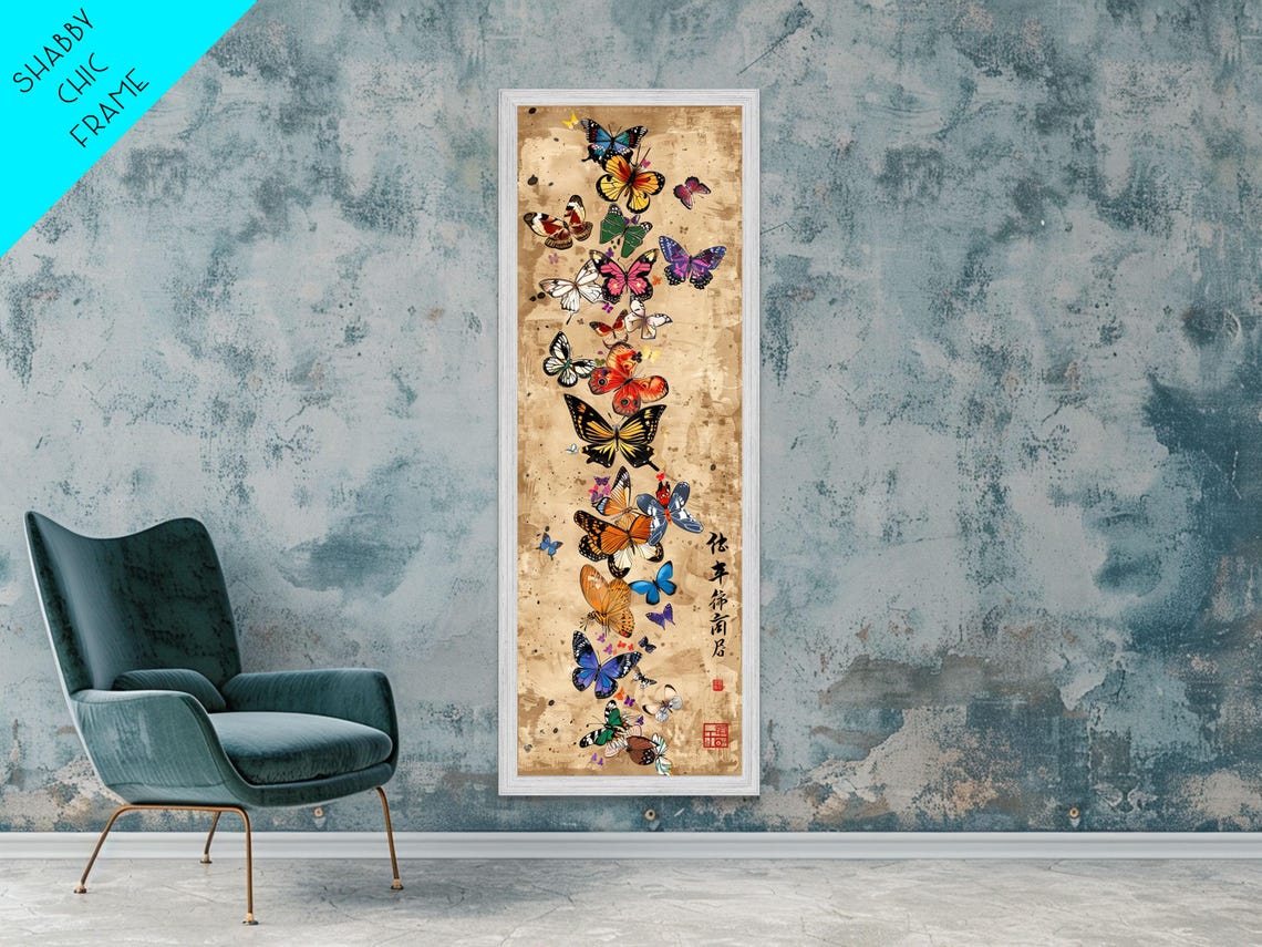 Butterflies Rising Tan Paper Japanese Calligraphy Tall Art Poster
