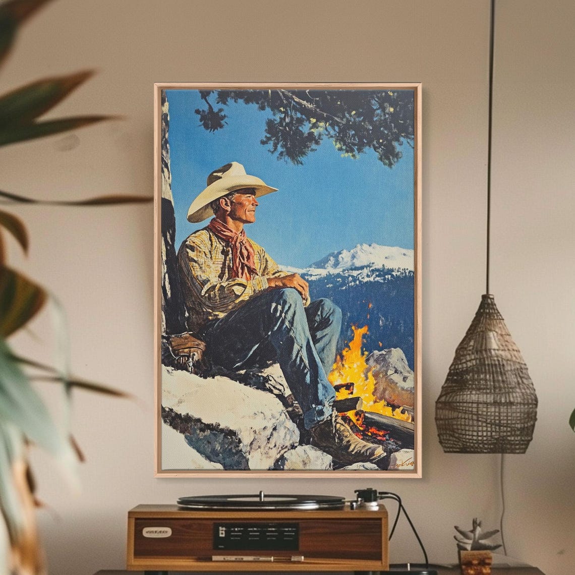Cowboy Resting By Campfire Snowy Mountain Camp Western Scene Poster - Image 3