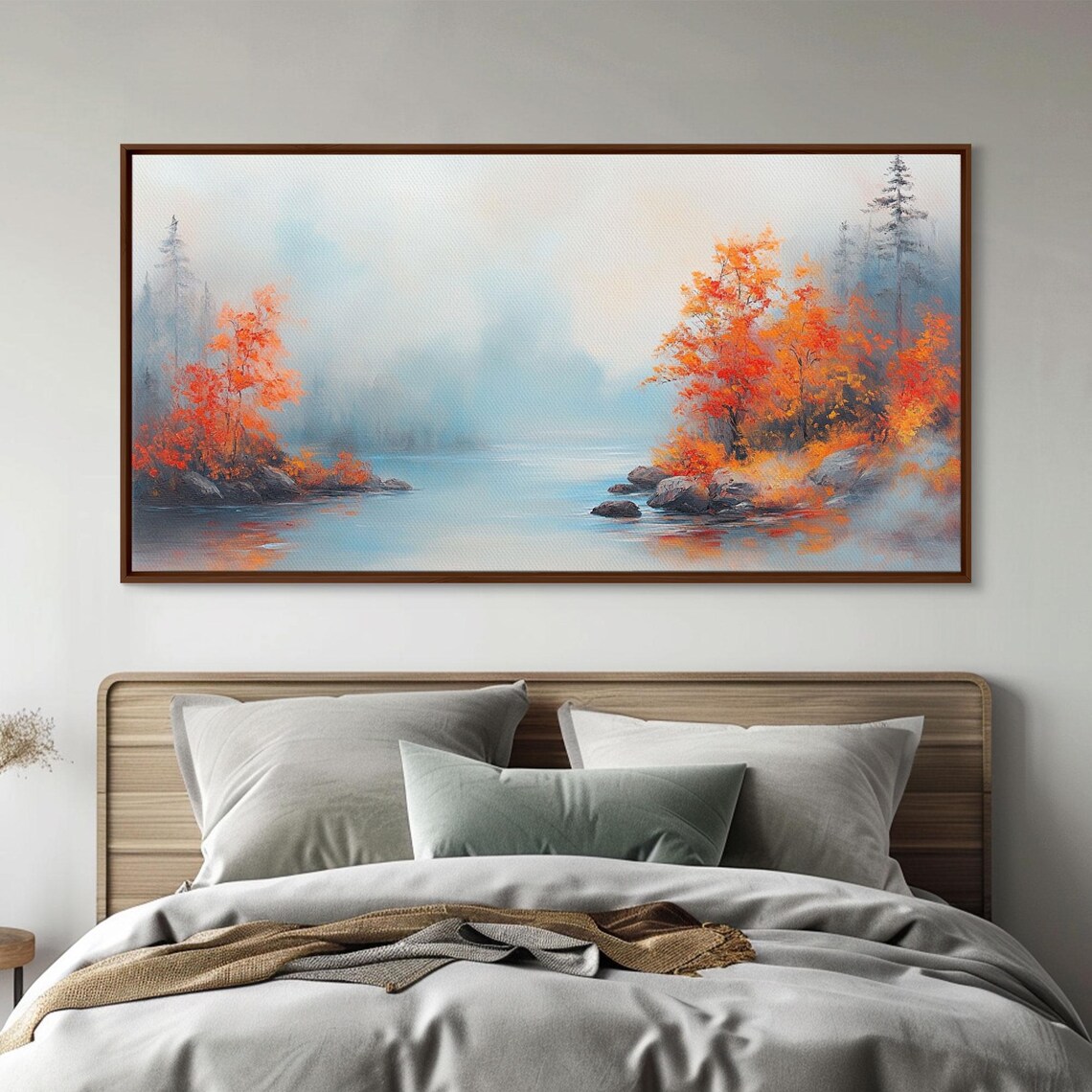 Fall On The Lake Framed Print Beautiful Seasonal Decor Moody Landscape Painting - Image 5