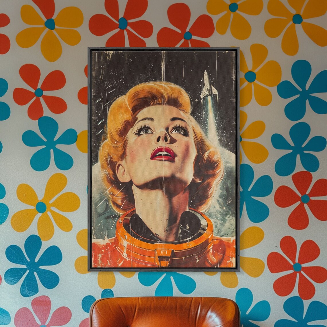 Mid Century Atomic Age Space Poster, Astronaut Woman