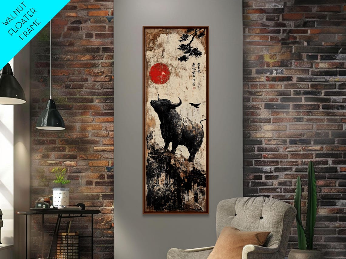 Black Buffalo Under Red Sun Japanese Ink Wash Rustic Wall Poster - Image 4