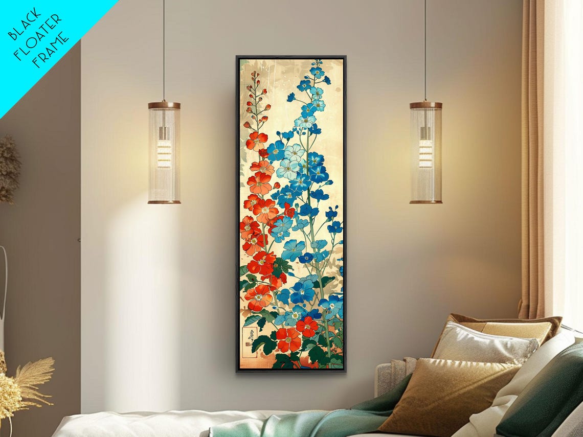 Delphinium Flowers Red Blue Cream Ukiyo E Tall Japanese Art Poster