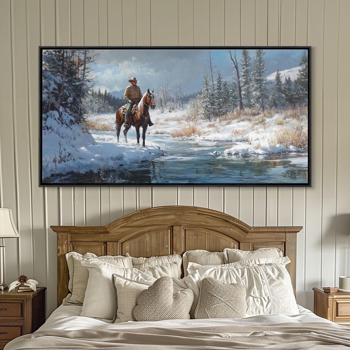 Cowboy Riding Horse Through Vibrant Autumn Forest Framed Print Tall Fall Wall Art Rustic Western Decor Moody Landscape - Image 6