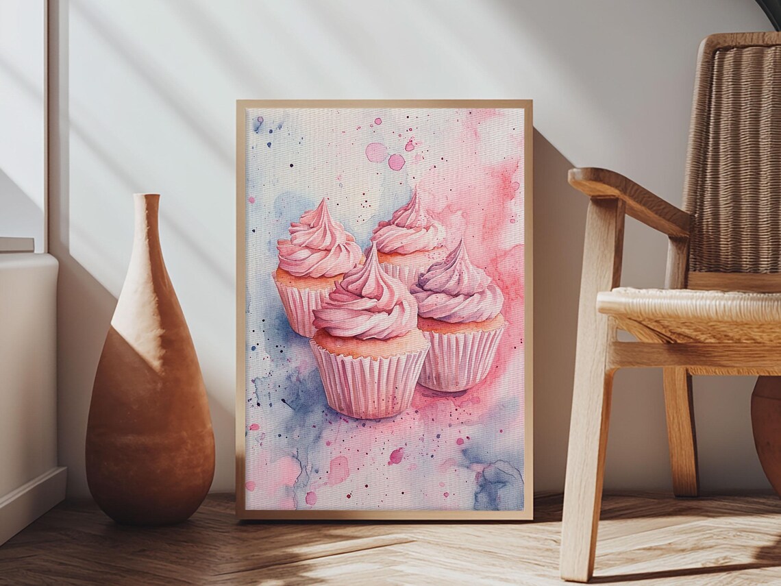 Pink Frosted Cupcakes Watercolor Sweet Dessert Bakery Wall Art Print - Image 6