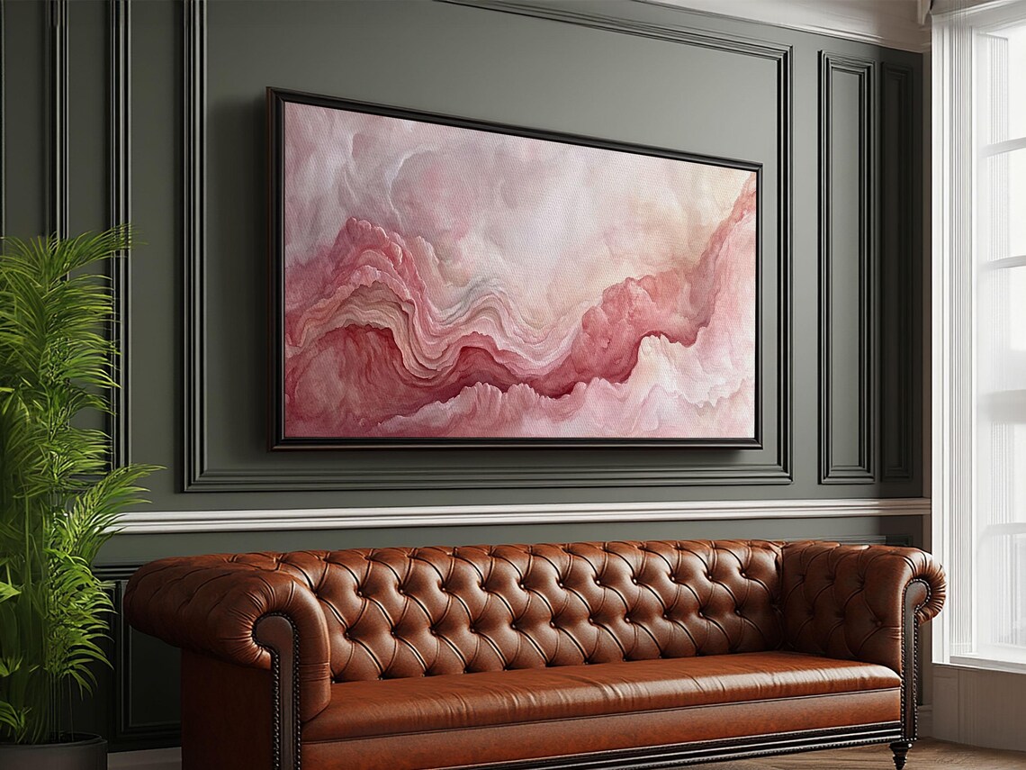 Pink Geode Framed Print Light Pink Wall Art Above Bed Decor Moody Abstract Artwork Gift Idea Minimalist Panoramic Painting - Image 3