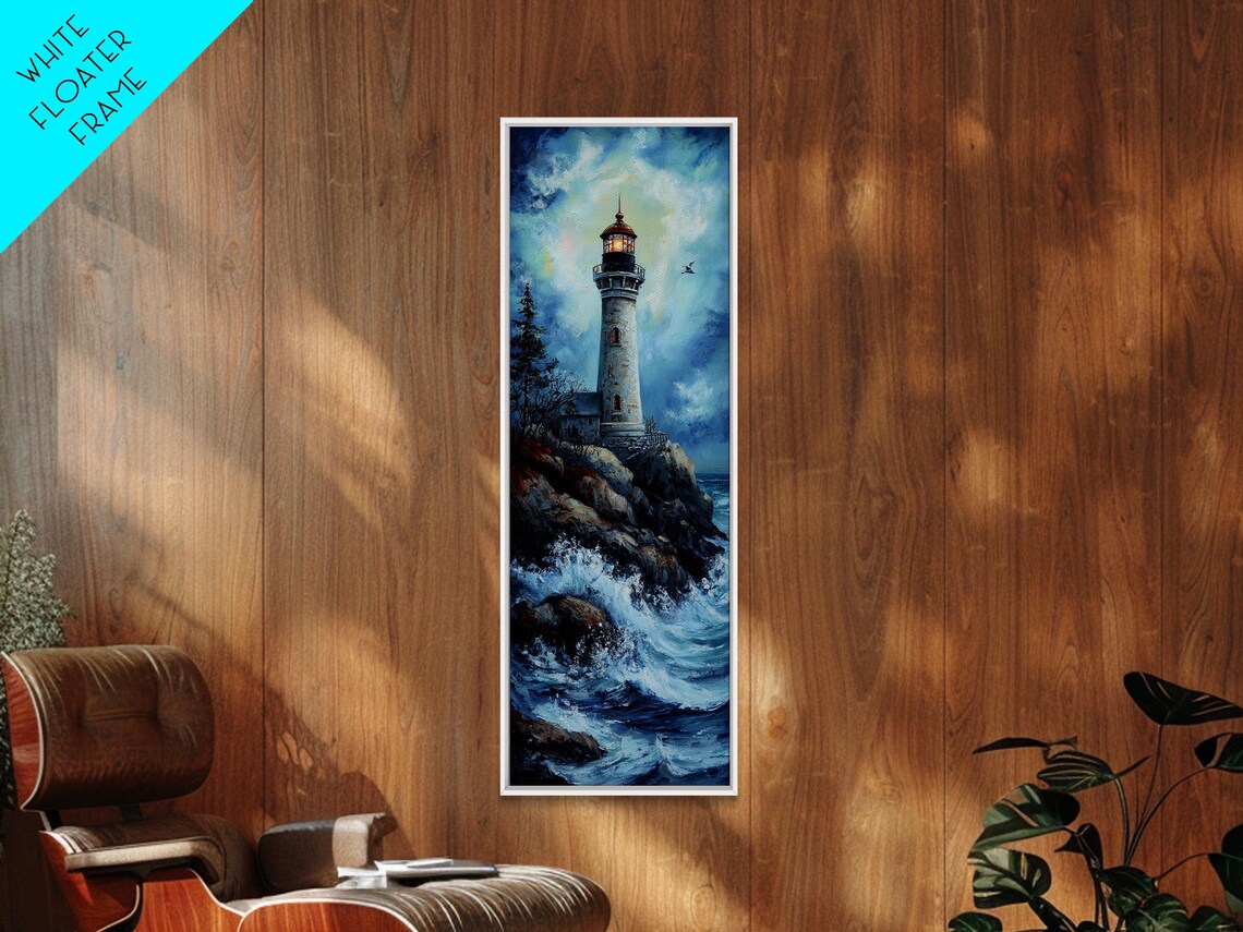 Rocky Coast Lighthouse Tower Crashing Ocean Waves Nautical Sky Wall Poster - Image 5