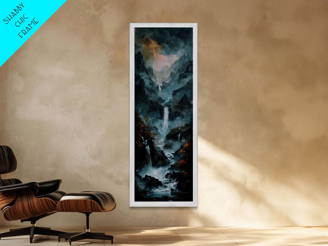 Waterfall Cascading Dark Misty Mountain Gorge Oil Painting Print - Image 5