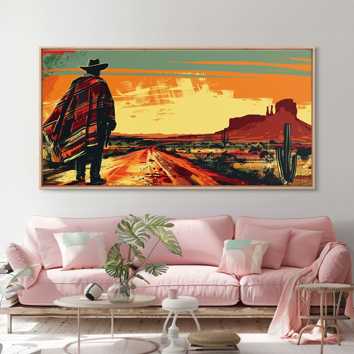 Abstract Cowboy In Desert Sunset Scene Boho Bedroom Art Framed Print Modern Living Room Decoration Rustic Wall Art - Image 4