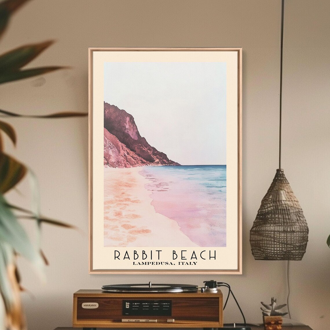 Rabbit Beach Lampedusa Italy Pink Cliffs Shoreline Watercolor Travel Poster - Image 2