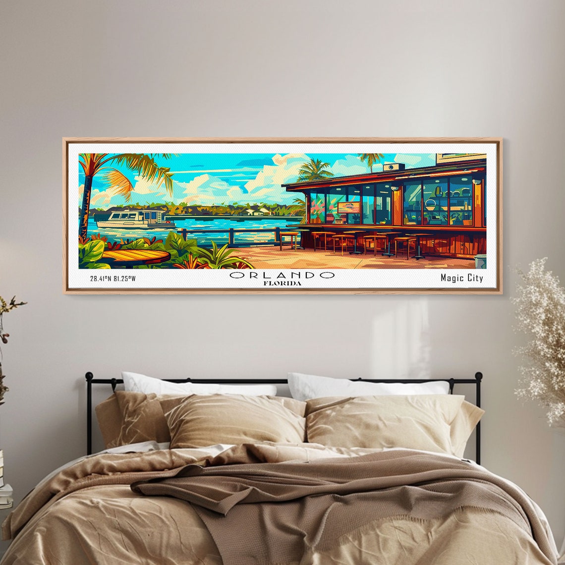 Orlando Florida Lakeside Bar Palm Trees Boat Sunset View Travel Poster - Image 2