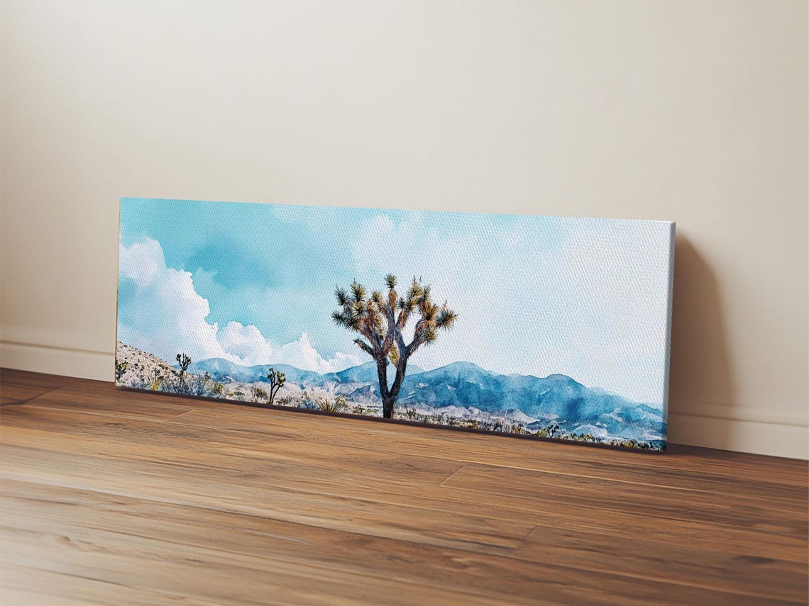 Joshua Tree Desert Watercolor Blue Mountain Panoramic Poster Art - Image 5