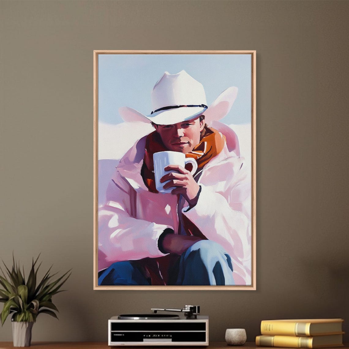 Cowboy In White Hat Holding White Mug Bright Snowy Winter Art Poster - Image 2