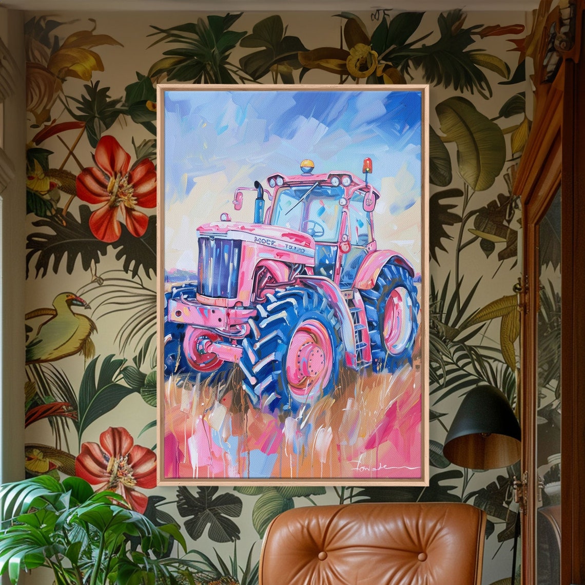 Pink Tractor In Field Under Blue Sky Colorful Farm Pop Art Poster - Image 4