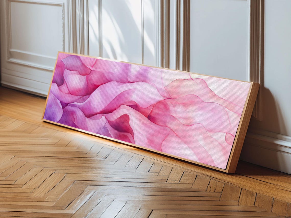 Pink Abstract Wave Print Bedroom Wall Art Horizontal Light Pink Wall Art Feminine Decor Minimalist Above Sofa Framed Art - Image 2