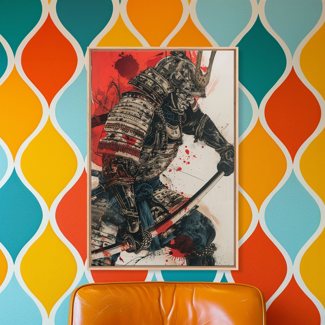 Japanese Samurai Warrior Ink Punk Style Poster with Red Splatter Art