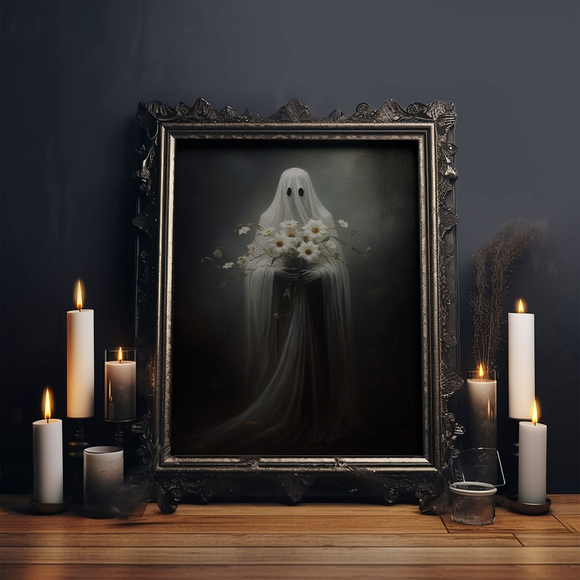 The Ghost With The Flowers, Gothic Halloween Art Print - Image 5