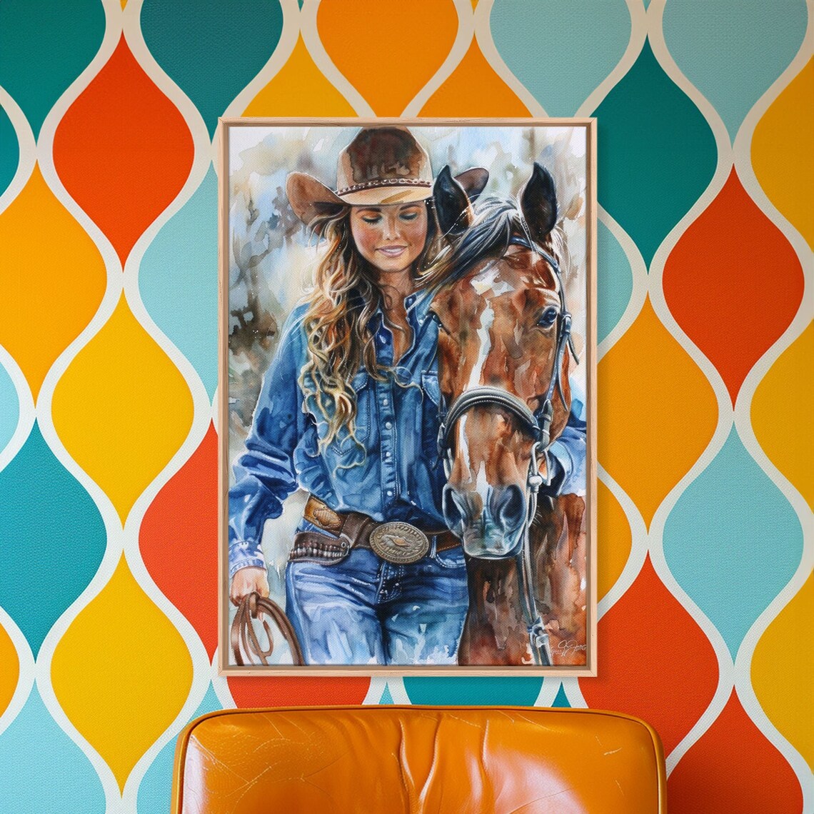 Cowgirl Embracing Horse Gentle Watercolor Western Bond Wall Art Poster - Image 2
