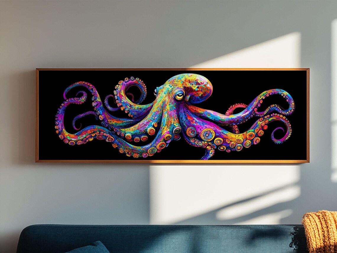 Vibrant Octopus Art Print Coastal Decor Nautical Wall Art Gift Idea Underwater Ocean Life Abstract Extra Wide Horizontal - Image 4