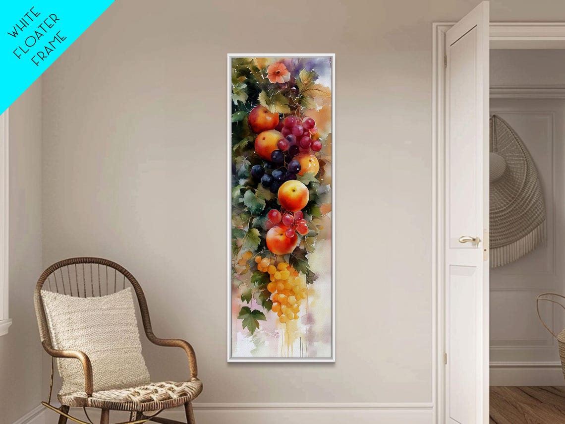 Watercolor Fruit Vine Garland Grapes Peaches Kitchen Art Poster